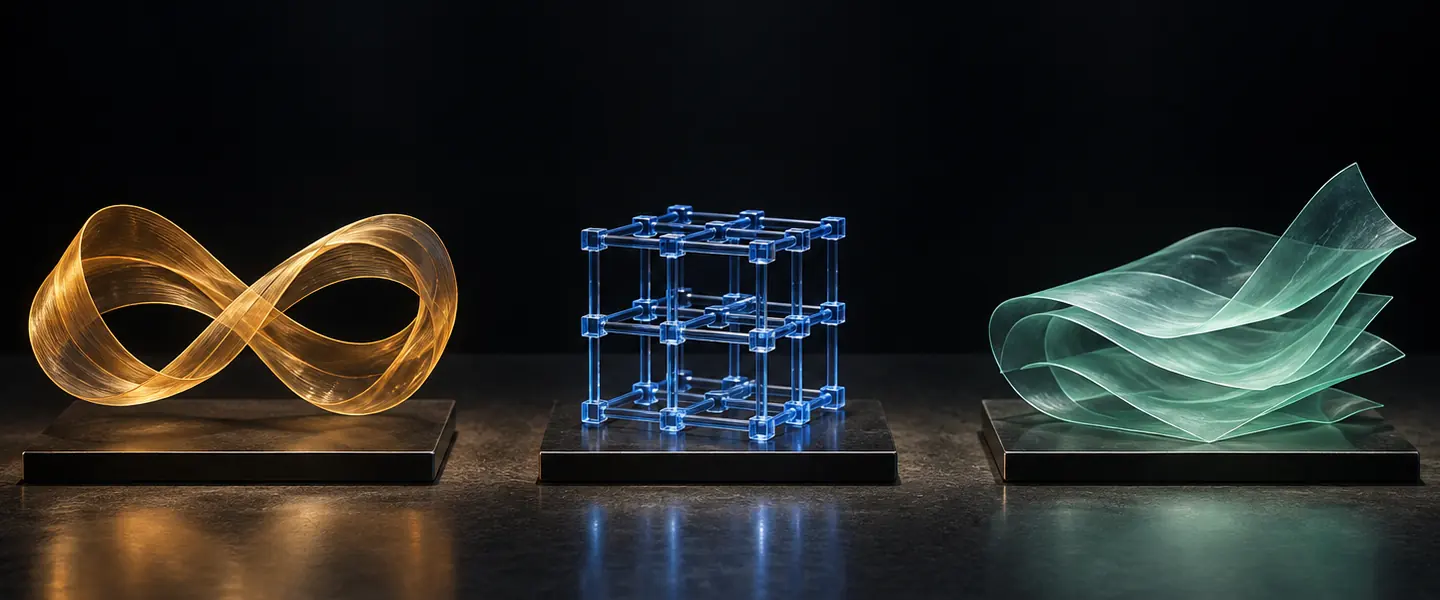 Three specimens on a dark lab bench: an amber silk infinity ribbon, a lattice of blue glass rods, and a stack of translucent mint sheets.